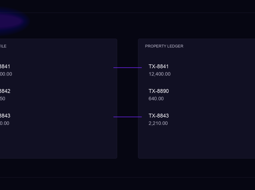 Two ledgers side by side, bank file and property ledger. Matched pairs joined by a line. One unmatched row left plain.